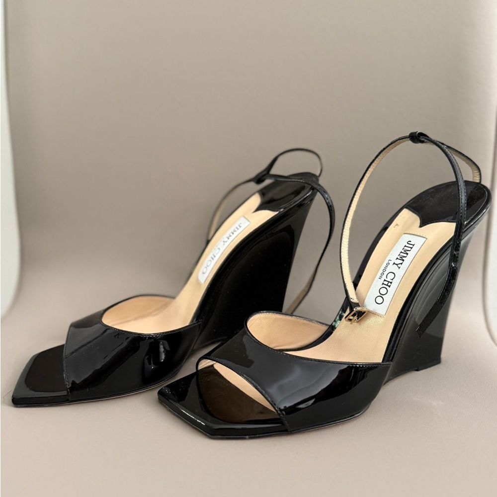 Jimmy Choo Black Patent Leather Wedge Slingback Heels